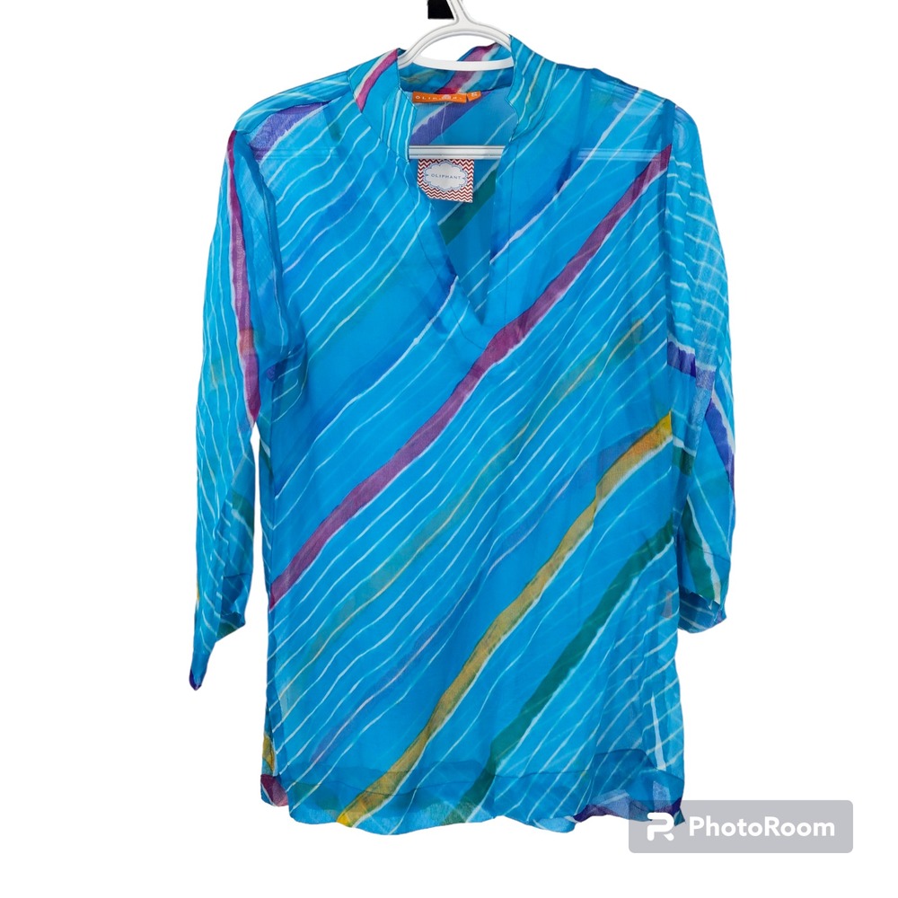 Oliphant Cover Up Top Blue Striped Split V-Neck Sheer Beach Shirt NWT Size S